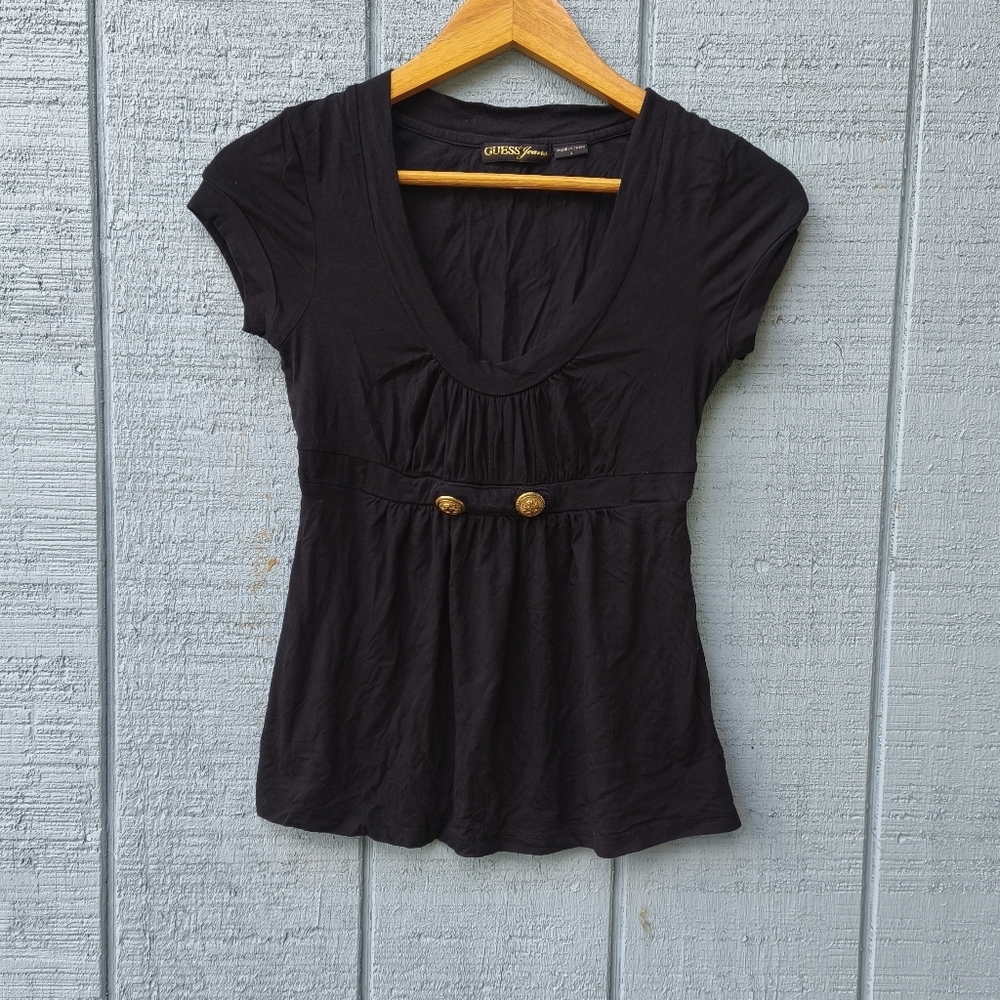 y2k Guess Jeans Babydoll Empire Waist Top Crested Button Accent sz S Black